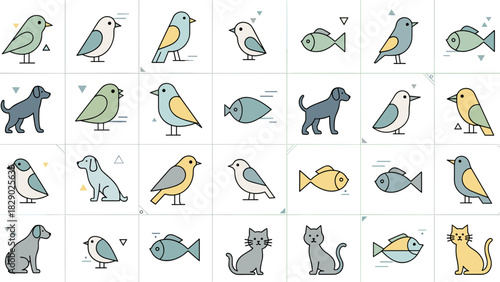 Collection of cute cartoon animal icons featuring bird dog fish and cat drawings