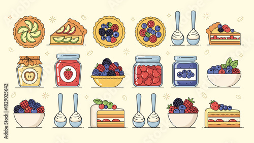 Collection of berry desserts, pies, tarts, jams, and fresh fruit in bowls with spoons