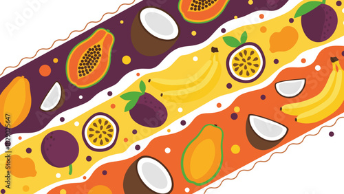Seamless pattern of tropical fruit slices and whole fruit on colorful wavy stripes
