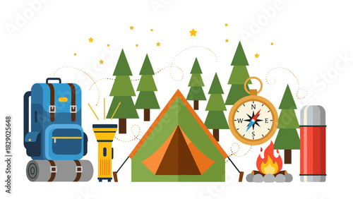 Camping equipment illustration with tent, backpack, compass, fire, and forest trees