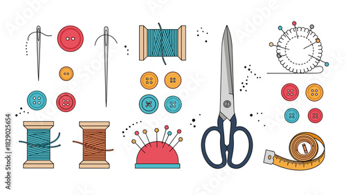 Set of sewing tool and supply icons including needle, thread, button, scissor, and tape measure