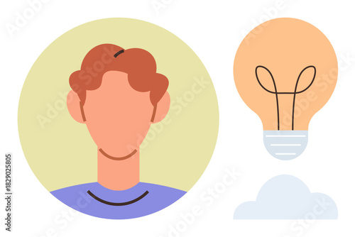 Abstract human portrait with a light bulb and cloud symbolizing ideas, innovation, and brainstorming. Ideal for creativity, problem-solving, inspiration, teamwork, growth mindset, education