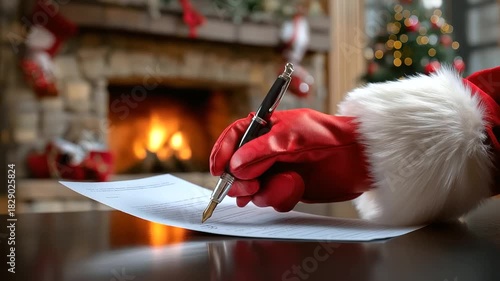 Isolated product-style image of Santa’s glove holding a list and pen near the fireplace, crisp neutral lighting, premium clarity, with copy space