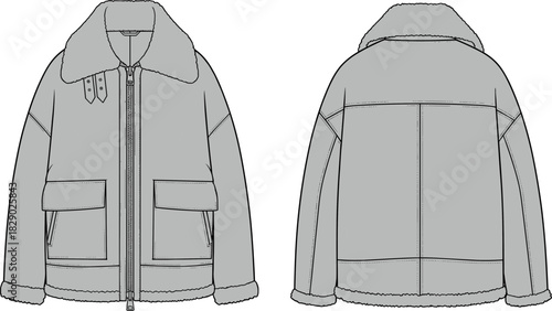 Technical flat sketch of front and back jacket views with collar, zipper, flap pockets,Technical flat sketch of front and back jacket views with collar, zipper, flap pockets,