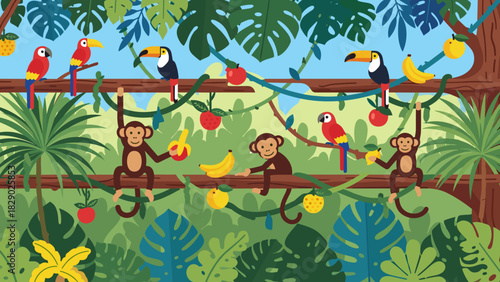 Cute cartoon jungle scene with monkeys, toucans, parrots, and tropical fruit hanging from vine