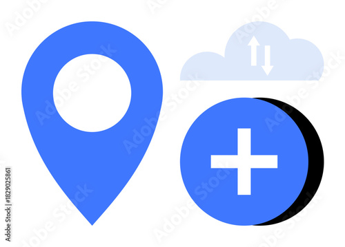 Navigation concept. Navigation tools, such as location pins and add icons, enhance cloud-based data solutions. Navigation aligns with cloud sync for managing information. For apps, maps, and data