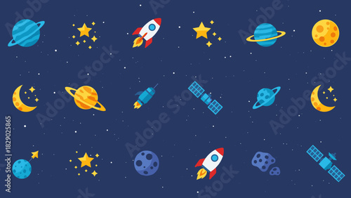 Collection of cute cartoon space icons including planets, rocket, satellite, star, and moon on dark background