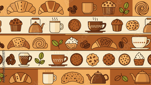Seamless pattern of coffee and pastry icons in warm brown tones for cafe design