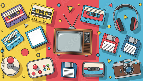 Retro technology and vintage electronic gadget collection in a colorful flat design