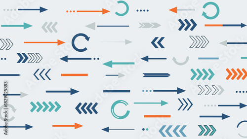 Seamless pattern of various abstract arrow icons in blue, teal, and orange colors