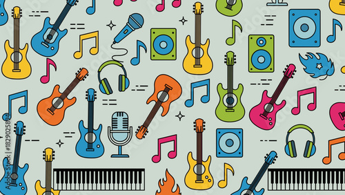 Seamless pattern background with colorful musical instrument icons and music note elements