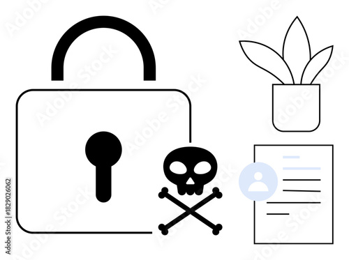 Locked padlock near crossbones warns of data risk. Document and plant emphasize privacy, security, protection, cybercrime, identity theft, data loss, digital caution. A simple flat metaphor