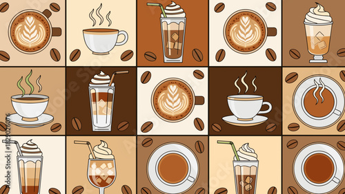 Collection of various coffee drinks and hot beverages displayed in a pattern
