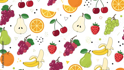 Seamless pattern of various colorful fruits like grapes, pears, cherries, oranges, and strawberries