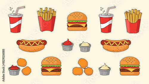 Collection of colorful fast food icons including burger, hot dog, french fry, soda, and cupcake