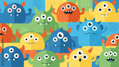 Seamless pattern with cute colorful cartoon monster character background illustration