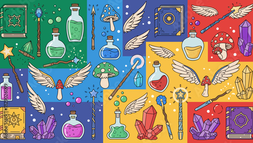 Collection of colorful magic and fantasy elements like potion, crystal, wand, book, and mushroom