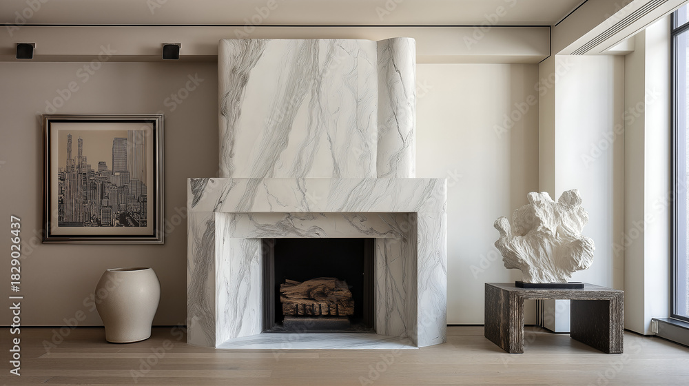 Fototapeta premium A fireplace framed in white marble with a sculptural art piece displayed above.