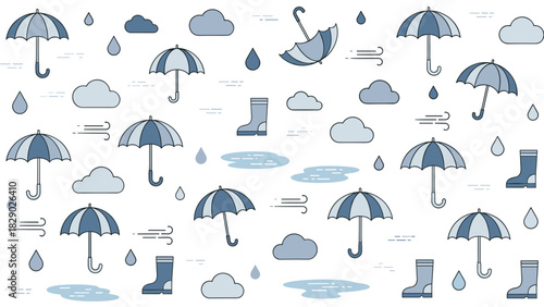 Seamless pattern of blue umbrellas, rain boots, clouds, and raindrops on
