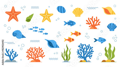 Collection of colorful flat design sea life elements including starfish, fish, coral, and shell