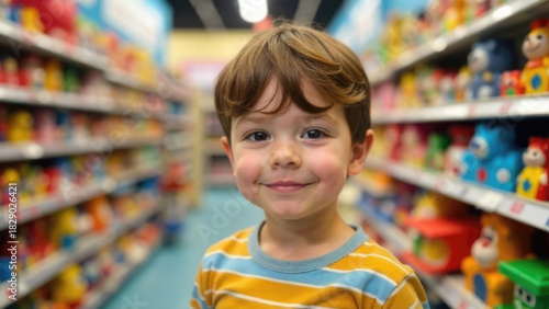 A European boy smiles in a supermarket aisle filled with grocery products and shopping baskets. Professional photography for retail marketing and family product promotions