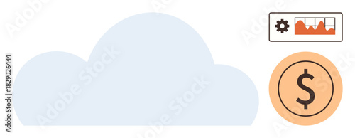 Cloud graphic with data analytics chart and dollar sign. Ideal for finance, data management, IT services, cloud computing, analytics, technology infrastructure, digital innovation. Represents