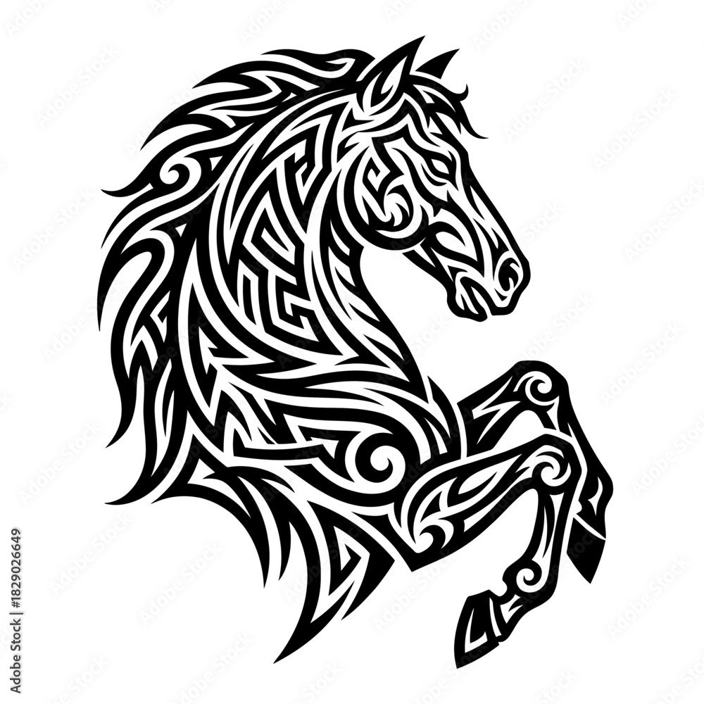 Obraz premium Stylized tribal horse icon in black with intricate patterns