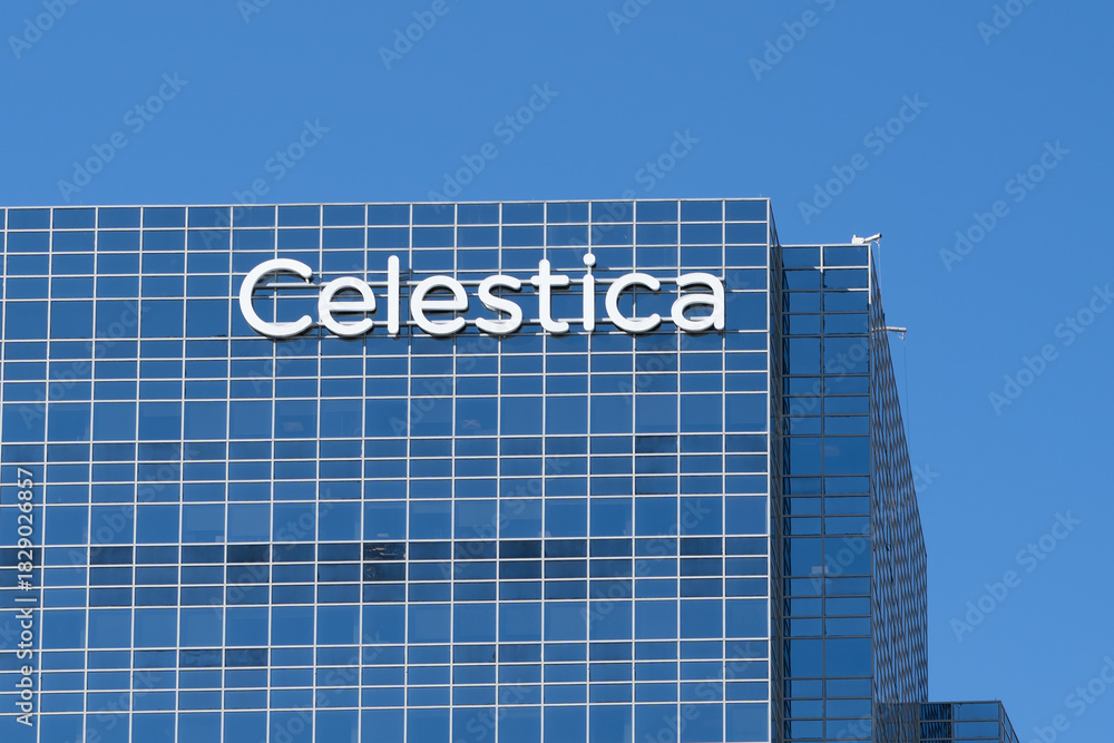 Fototapeta premium Toronto, Canada - September 28, 2025: Celestica sign on the building in Toronto, Canada. Celestica is a Canadian design, manufacturing, and supply chain electronics manufacturing services company. 