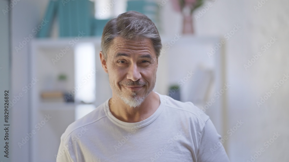 Obraz premium Happy older good looking casual man at home, smiling. Portrait of mid adult, mature age man.