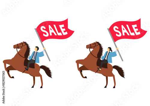 馬に乗りSALEの旗を持つ青い法被を着た男性と女性のセット
