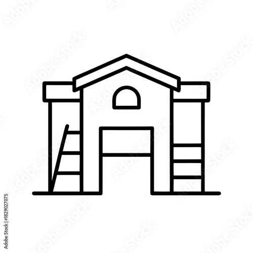 Outline drawing of a playhouse with ladders and roof on transparent background