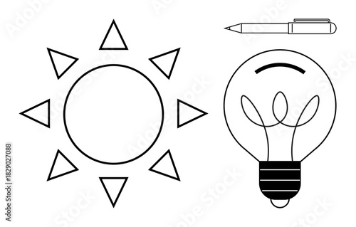 Sun with triangular rays, a light bulb with leaf-thumbs up filaments, and a pen symbolizing creativity, innovation, and inspiration. Ideal for teamwork, brainstorming, energy, sustainability