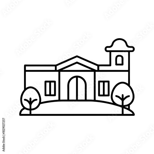 Outlined drawing of a building with trees nearby on transparent background
