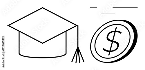 Graduation cap and dollar coin represent education, funding, academic success, higher studies, investment, finance, and scholarships. Ideal for student loans, financial planning career growth