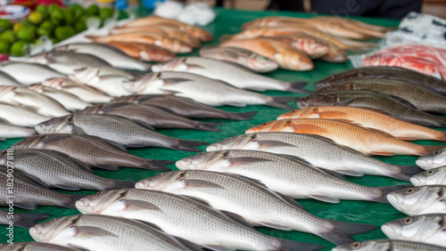 Fresh fish display at a bustling seafood market