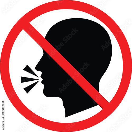 No Talking Allowed Prohibition Sign with Speaking Head Silhouette and Red Circle Warning for Silence Required Zones Vector Illustration