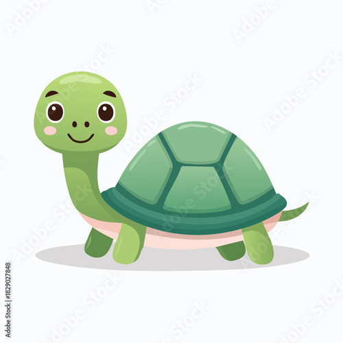 Charming vector illustration of a happy baby turtle with a gentle smile, vibrant green shell, and friendly cartoon eyes, perfect for children's books and educational designs