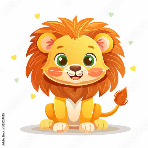 Cute cartoon lion cub with a fluffy mane and big green eyes, sitting on a white background with small yellow hearts