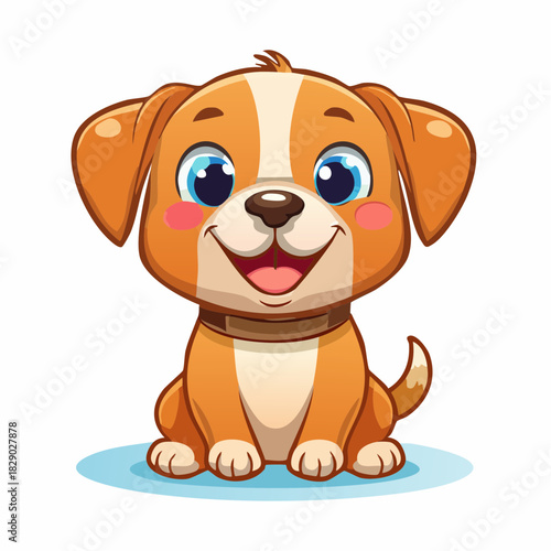 Vector illustration of a cute smiling puppy, big blue eyes, happy expression, soft pastel colors, simple thick lines, exuding warmth and playfulness