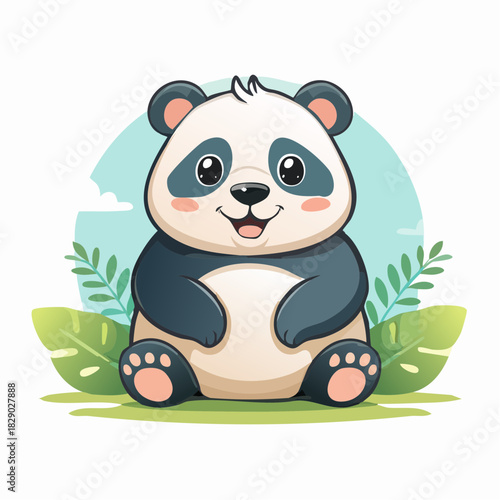 Adorable cartoon panda sitting happily in a lush green environment, surrounded by vibrant foliage and a soft blue sky, perfect for children's illustrations