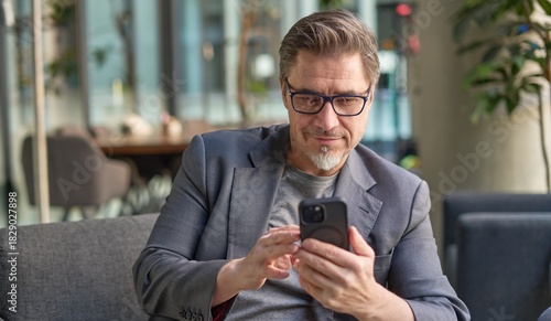 Businessman using phone in office lobby or on cafe terrace. Happy middle aged man, entrepreneur, small business owner working online.
