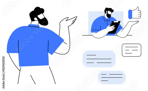 Two professionals communicate virtually via screens, engage in dialogue, share feedback, and collaborate effectively. Ideal for teamwork, remote work, digital communication, online connection