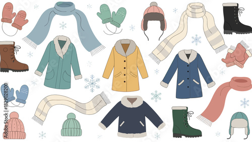 Collection of warm winter clothing items for cold weather, including coats, scarves, hats, and boots