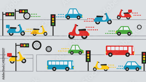 Vector illustration of busy city traffic jam with cars, bus, scooter, and traffic light signal
