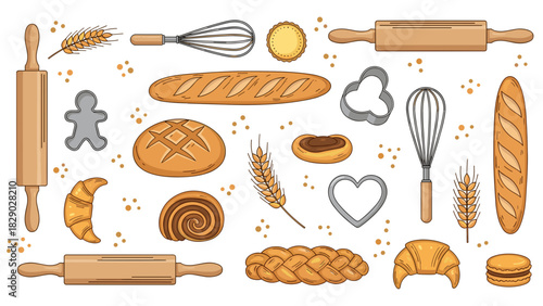 Collection of various baked goods and baking tool icons for pastry and bread making