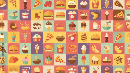 Seamless pattern of various fast food and dessert icons in retro color palette