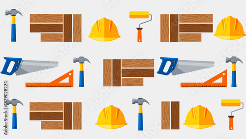 Seamless pattern of construction and carpentry tools and wood plank elements