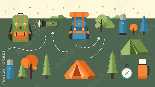 Collection of camping and hiking equipment icons and nature elements for outdoor adventure