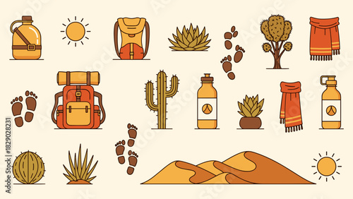 Collection of desert travel and hiking icons including backpack, canteen, cactus, sun, and footprint