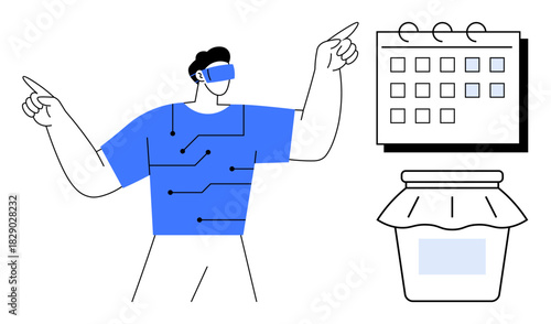 Person wearing VR headset with tech-enhanced shirt pointing, next to calendar and jar. Ideal for technology, innovation, planning, organization, productivity, creativity futuristic design. Simple